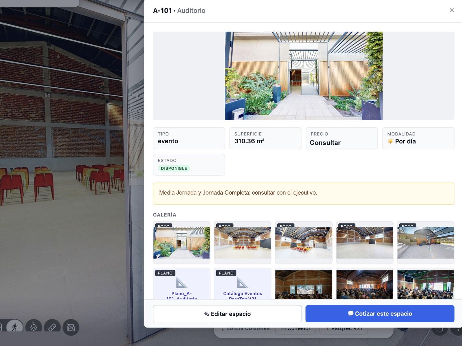 Ficha de un espacio en Bizual Assets abierta sobre el recorrido: tipo, superficie, modalidad y estado, con la galería de fotografías y planos