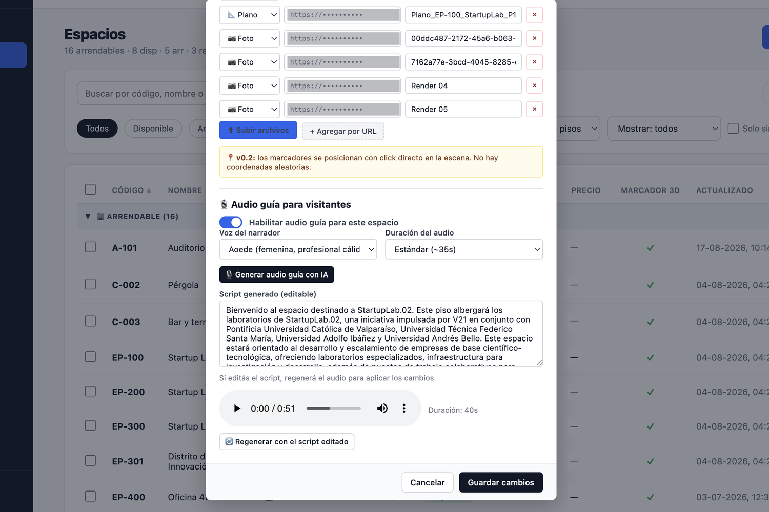 Panel de Bizual Assets generando la audioguía de un espacio con inteligencia artificial: voz del narrador, duración, script editable y reproductor