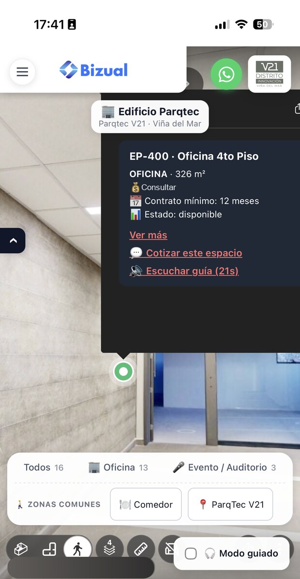 Bizual Assets en un iPhone: la ficha flotante de una oficina con superficie, precio, contrato mínimo y el enlace para escuchar la audioguía