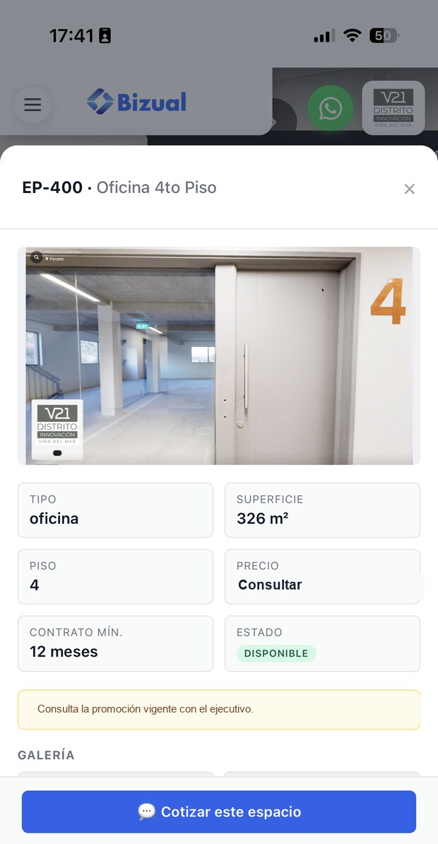 Ficha completa de una oficina en el celular: tipo, superficie, piso, precio, contrato mínimo, estado y botón para cotizar