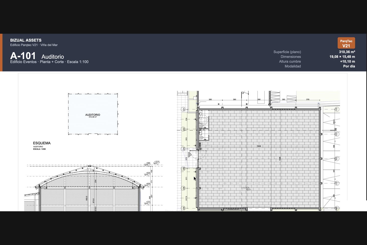 Plano acotado de un espacio en Parqtec V21: planta y corte a escala 1:100, con superficie, dimensiones y altura de cumbre