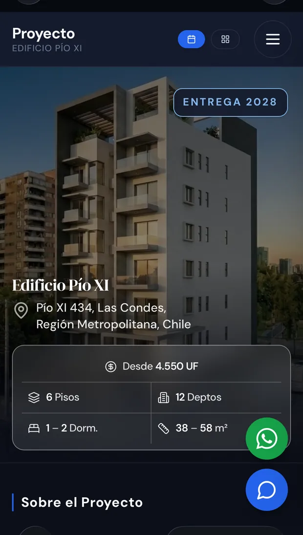 El mismo proyecto abierto en un celular: la portada con el precio desde, los pisos, la cantidad de departamentos y las superficies