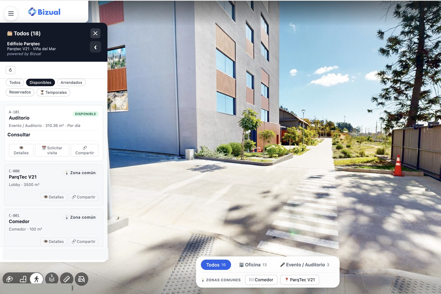 Vista del interesado al abrir el link: el listado de espacios disponibles sobre el recorrido, con sus fichas y el botón de compartir